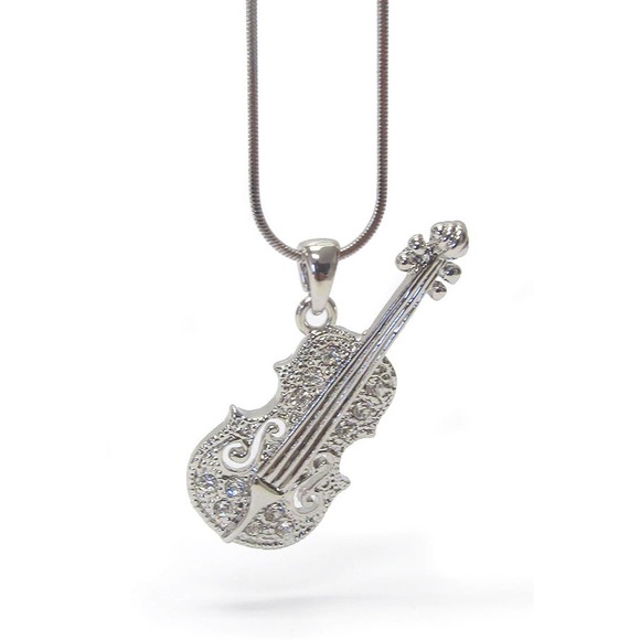 Violin Strings Necklace White Gold Plated Pendant with Crystals - Picture 2 of 10